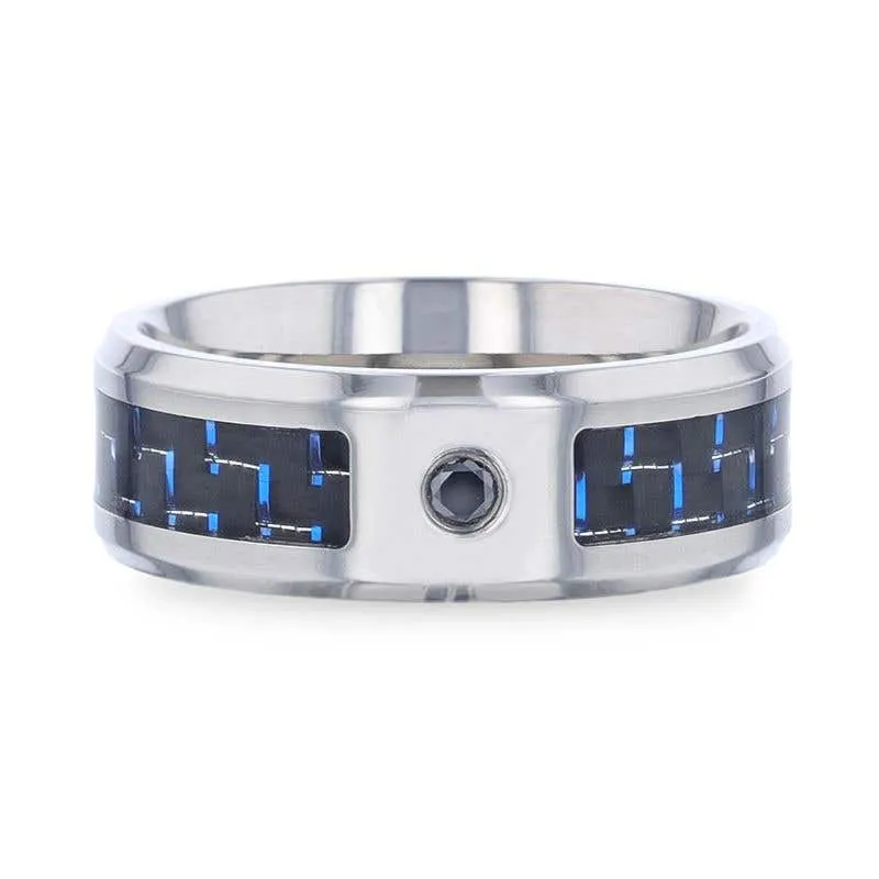 Thorsten PACIFIC Black And Blue Carbon Fiber Inlaid Titanium Men's Wedding Band With Beveled Polished Edges and Black Sapphire Center Stone
