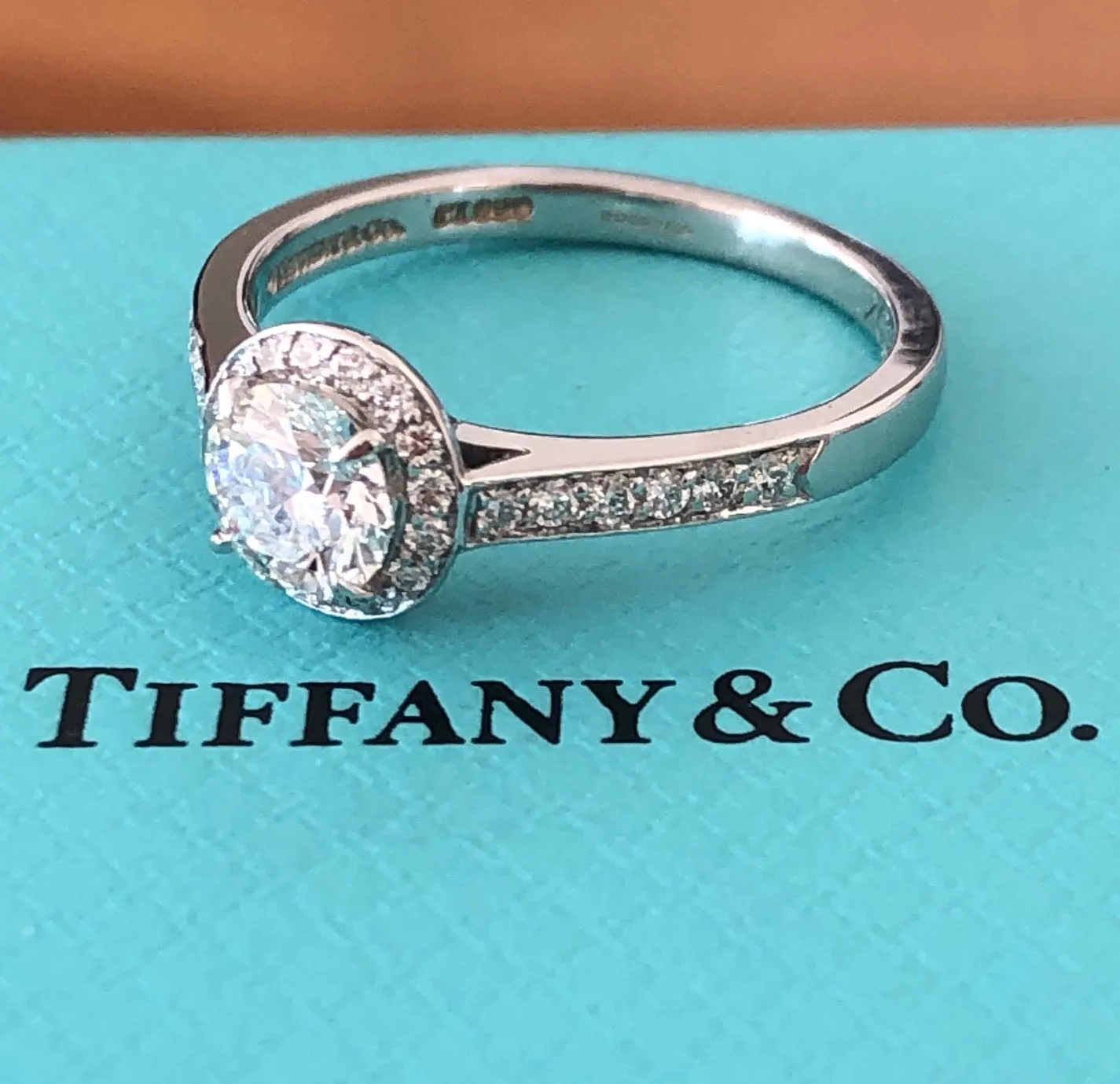 Tiffany & Co. 0.81tcw F/IF Diamond Embrace Round Halo Engagement Ring Cert/Val/Receipt/Boxes